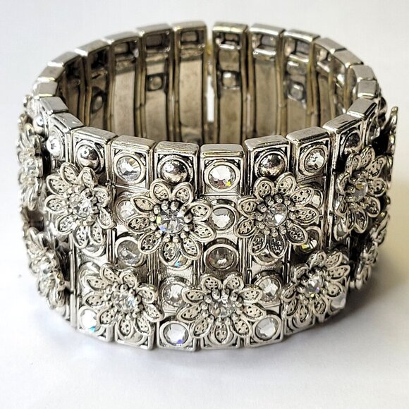 Silver Tone Floral Crystal Stretch Bracelet - Picture 1 of 7